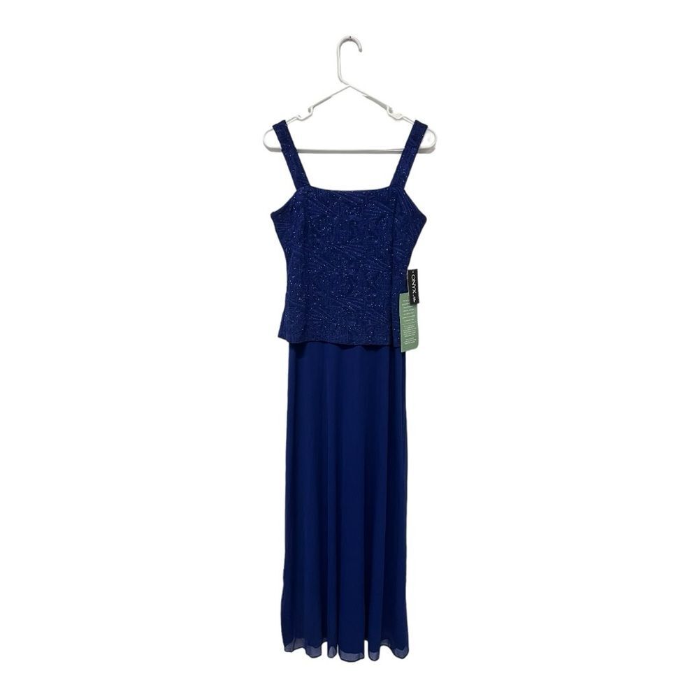 NWT Onyx Nite | Dark Blue Saphr Shimmer Chiffon Strappy Maxi Dress 4